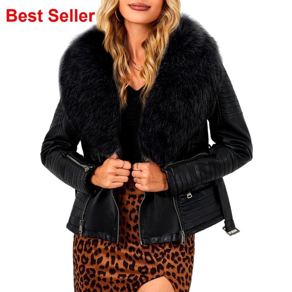 Faux Leather Moto Jacket with Removable Fur Collar & Sherpa Lining